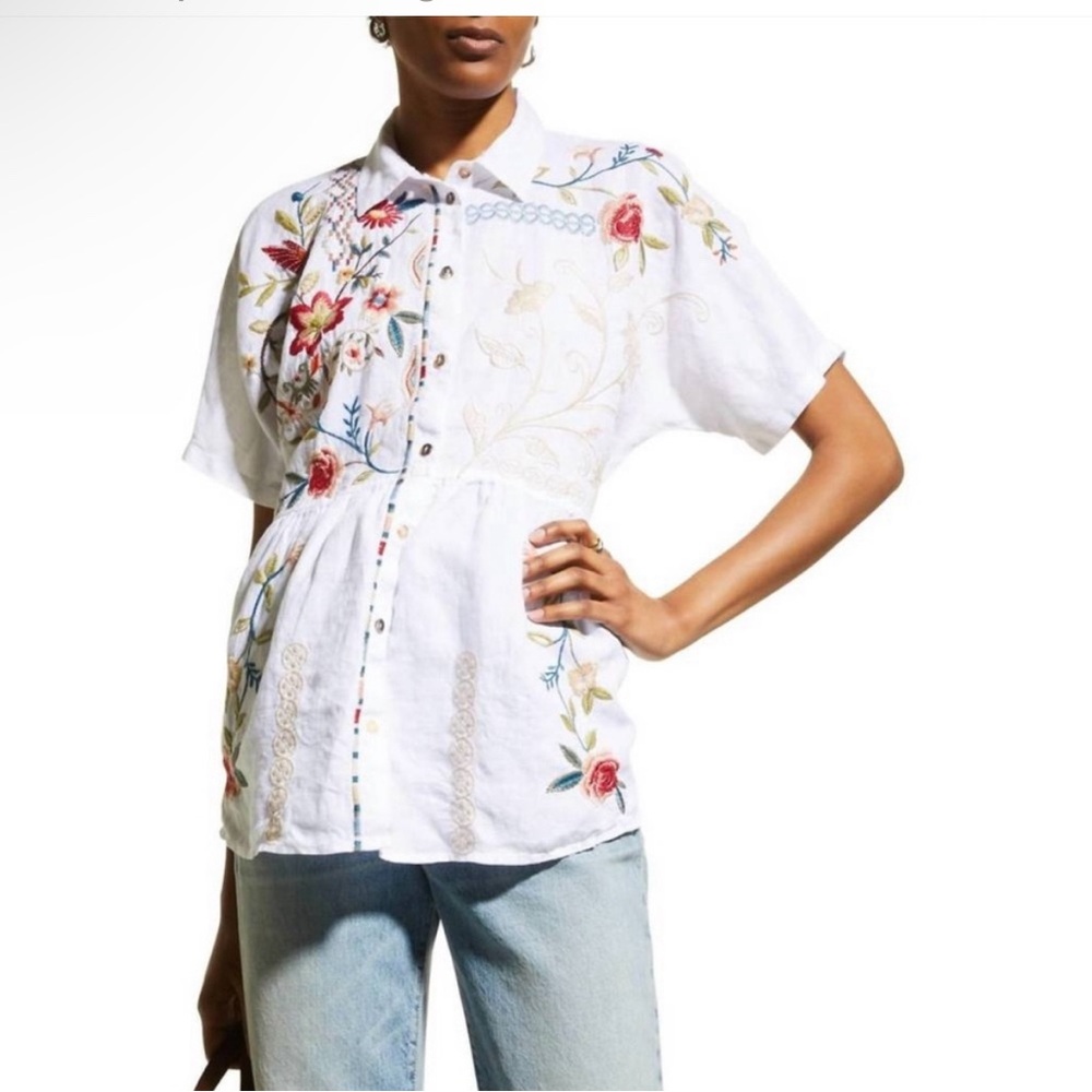 Johnny Was‎ Ellia Floral-Embroidered Peplum Linen Tunic Medium